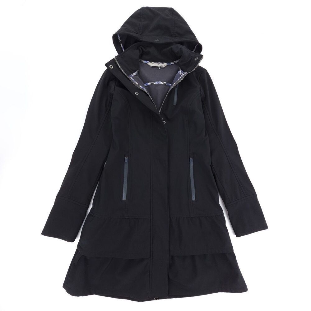 ATHLETA Shelter Cove Hooded Long Jacket Ruffled Rain Coat Gray Herringbone